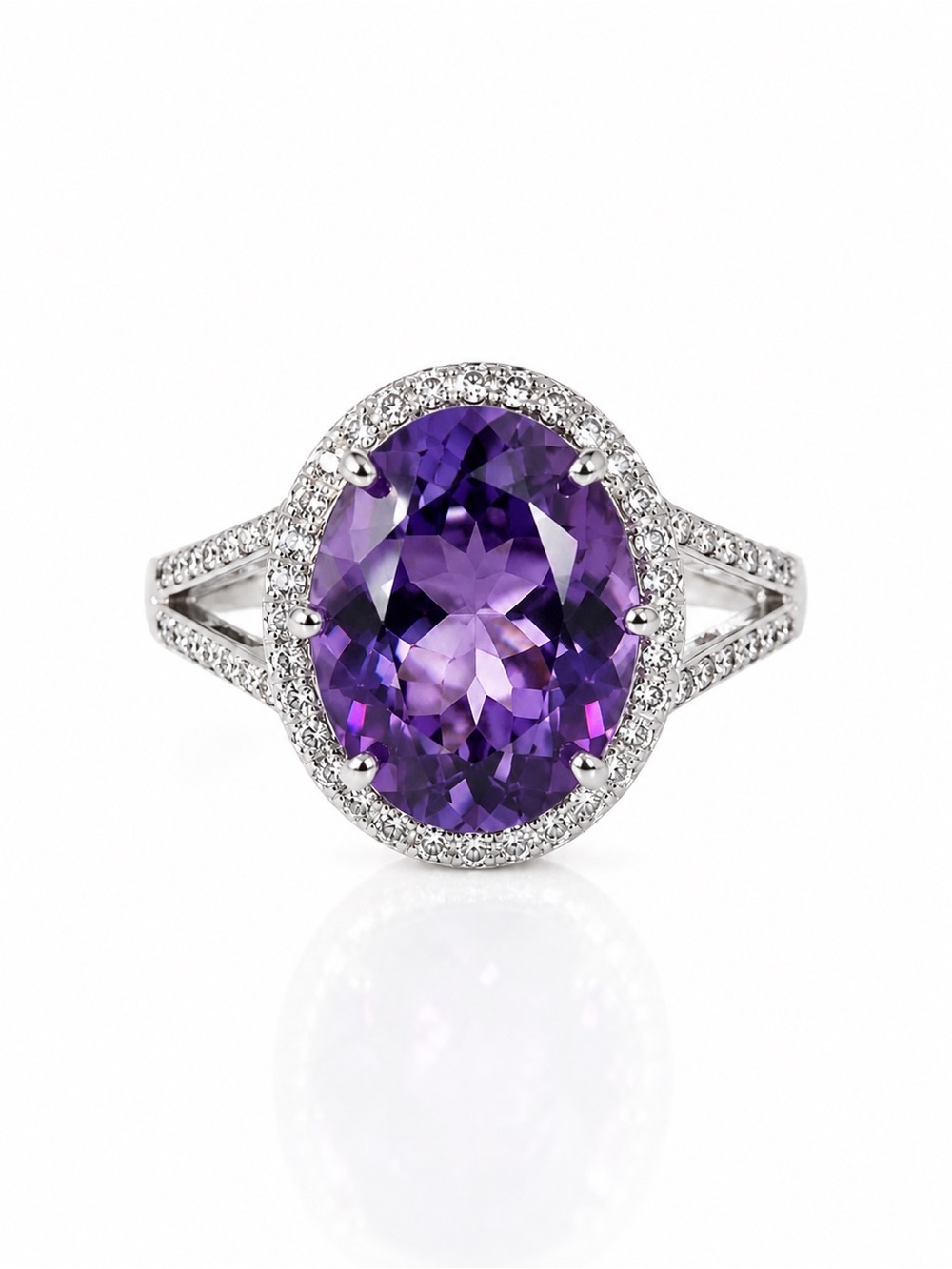 💜 14K White Gold Oval Amethyst & Diamond Ring 💜